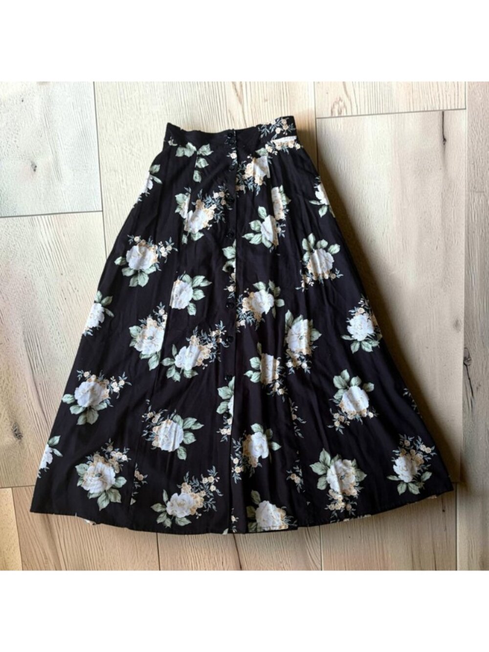Vtg 90s Byer Black Floral Button Front A-line Midi Skirt Preppy Cottagecore XS/S - Picture 2 of 5